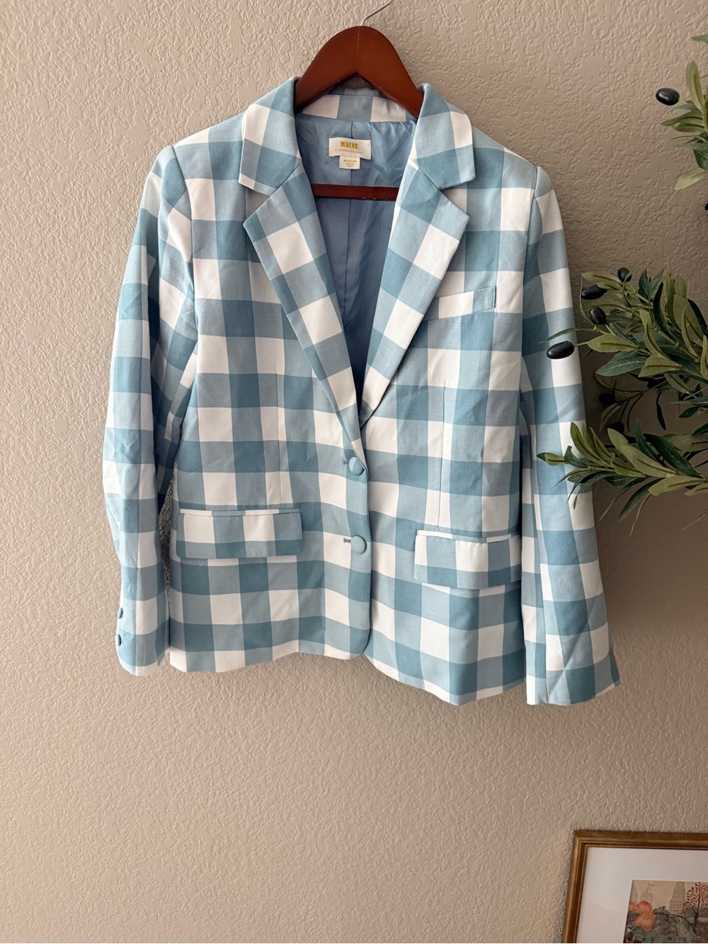 Maeve Anthropologie Blue White Gingham Plaid Blazer Jacket Size M